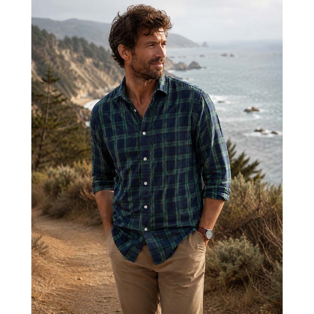 Faherty MOVEMENT Plaid Button Down MEN S Navy Green Supima Tencel SHIRT